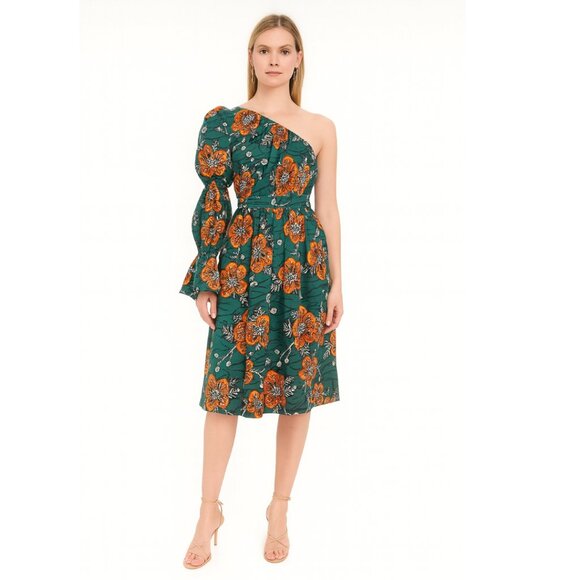 Autumn Adeigbo Trixie One Shoulder Dress 4 Green Orange NEW - Picture 1 of 8